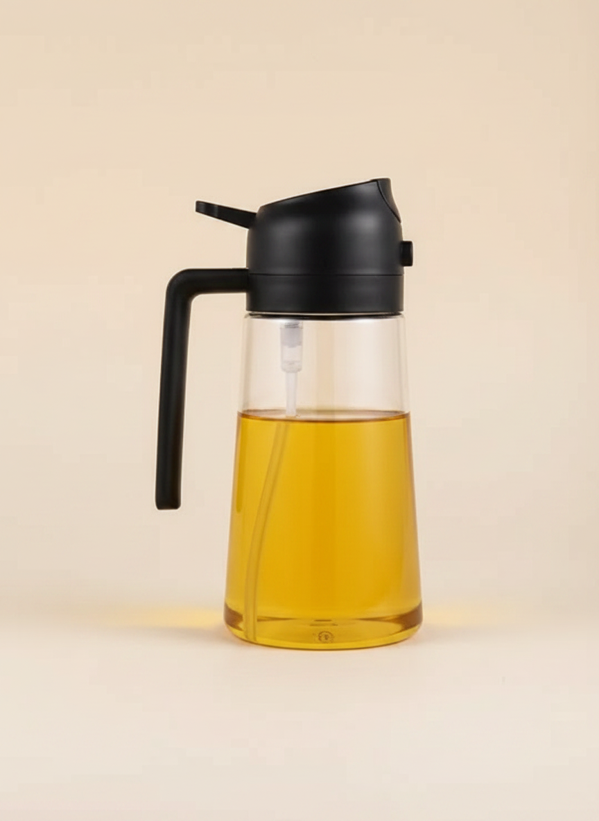 CrispNest 2-in-1 oil sprayer and pourer bottle in black glass, 500ml