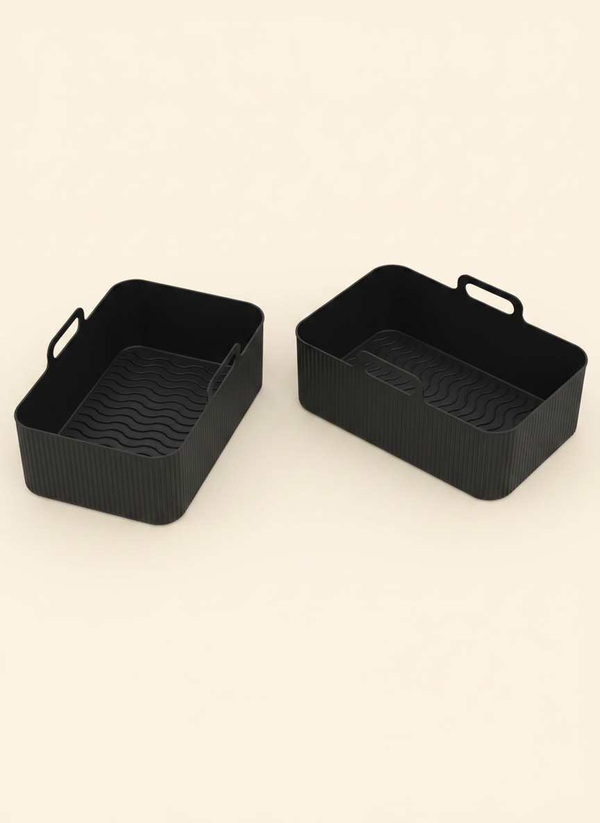 CrispNest rectangular silicone air fryer liners for dual-basket fryers, set of two in black