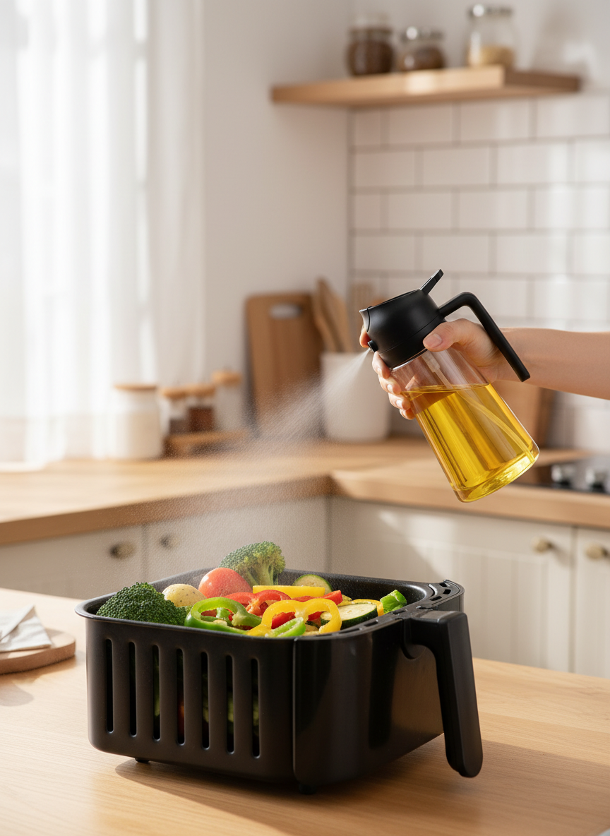 Spraying a fine mist of olive oil over vegetables in an air fryer basket