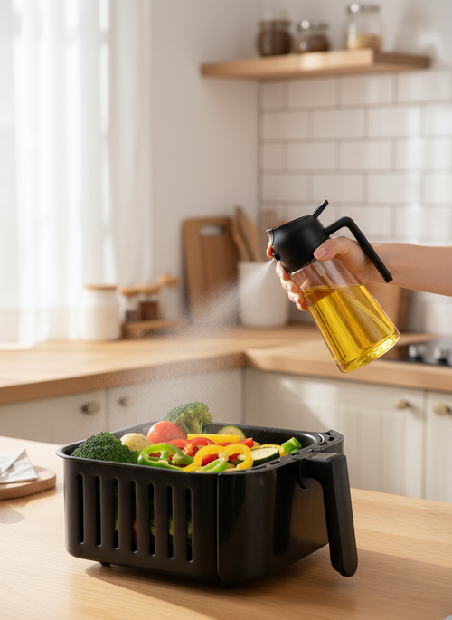 Spraying a fine mist of olive oil over vegetables in an air fryer basket