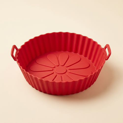 CrispNest silicone air fryer liner in Red with flower-embossed non-stick base