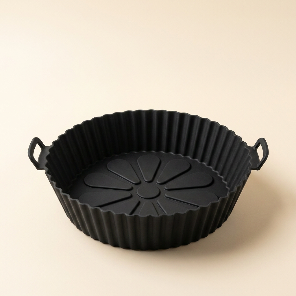 CrispNest silicone air fryer liner in Black with flower-embossed non-stick base