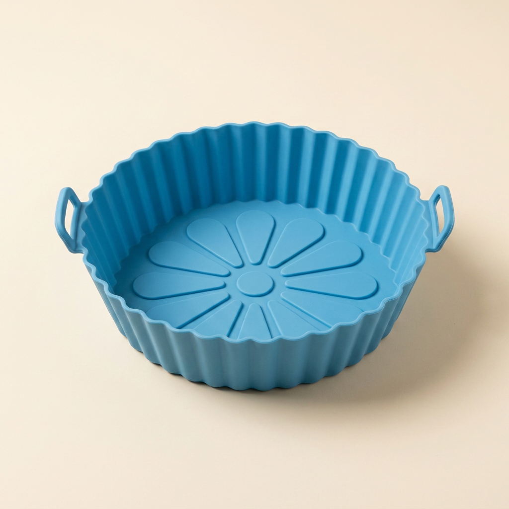 CrispNest silicone air fryer liner in Blue with flower-embossed non-stick base