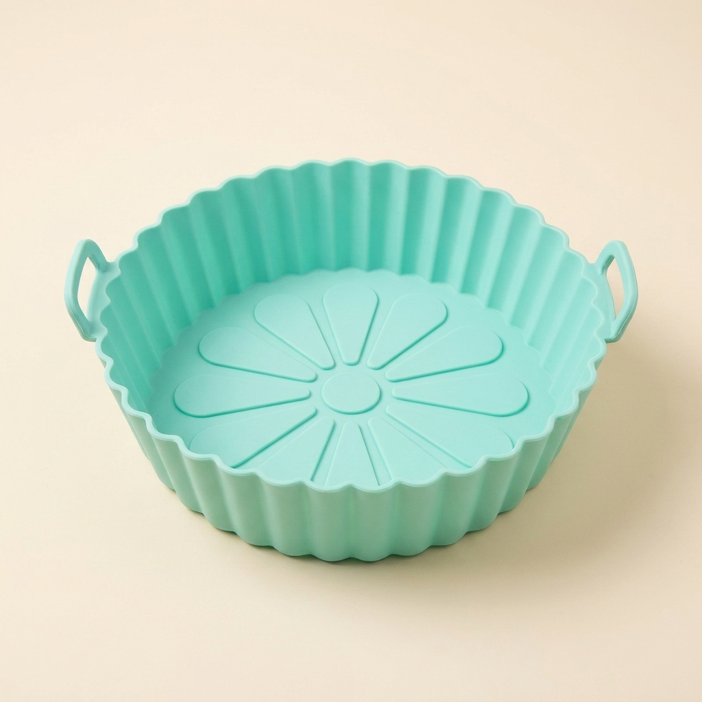 CrispNest silicone air fryer liner in Green with flower-embossed non-stick base