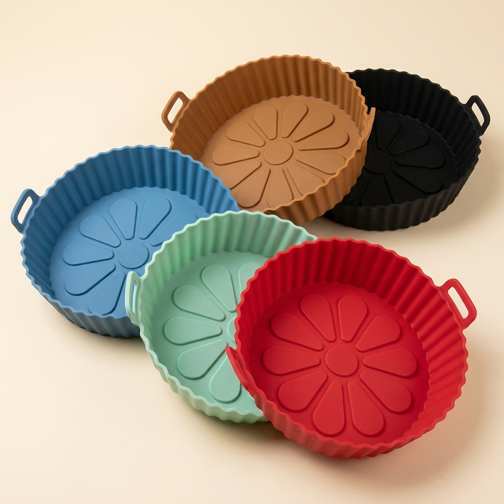 CrispNest reusable silicone air fryer liners in all five colors: red, green, blue, brown, and black